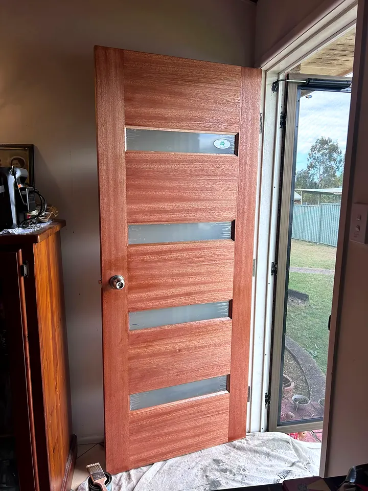 Timber door with frosted glass panels