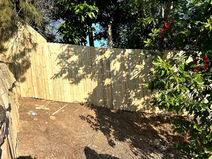 Paling fence along a garden bed