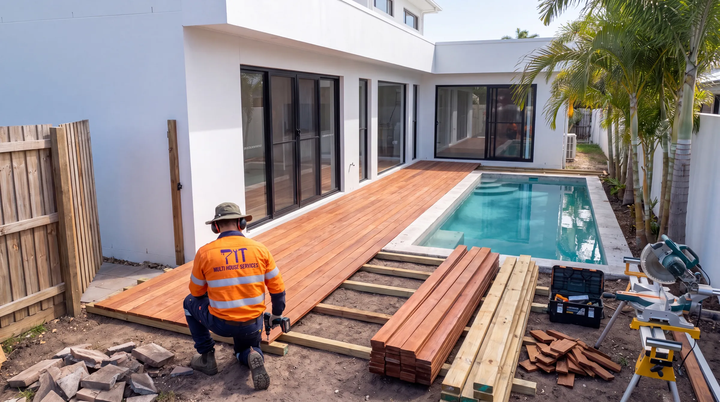 The carpenter kneels in safety glasses and earmuffs, fixing merbau boards on a half-built pool deck