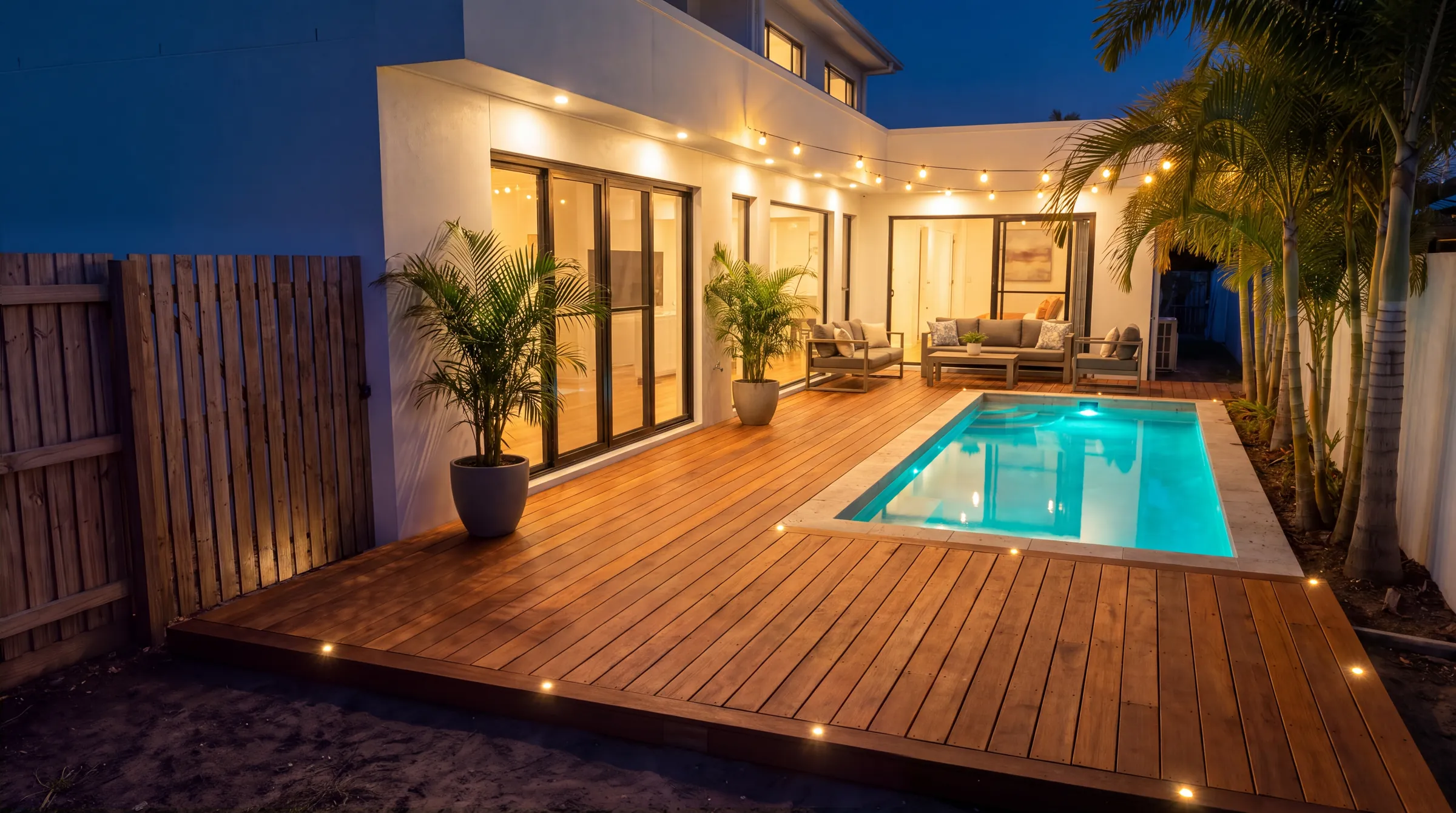The finished merbau pool deck at night with step lights, glowing pool and string lights