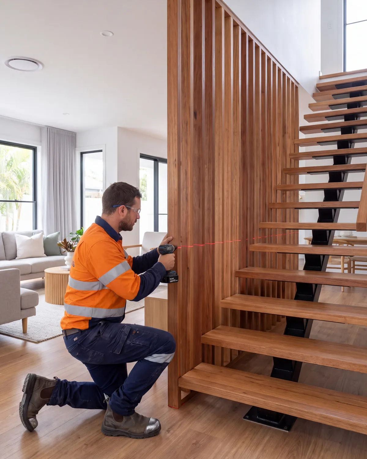 Carpenter in orange hi-vis fixing vertical blackbutt timber battens to form a screen between a living room and a staircase