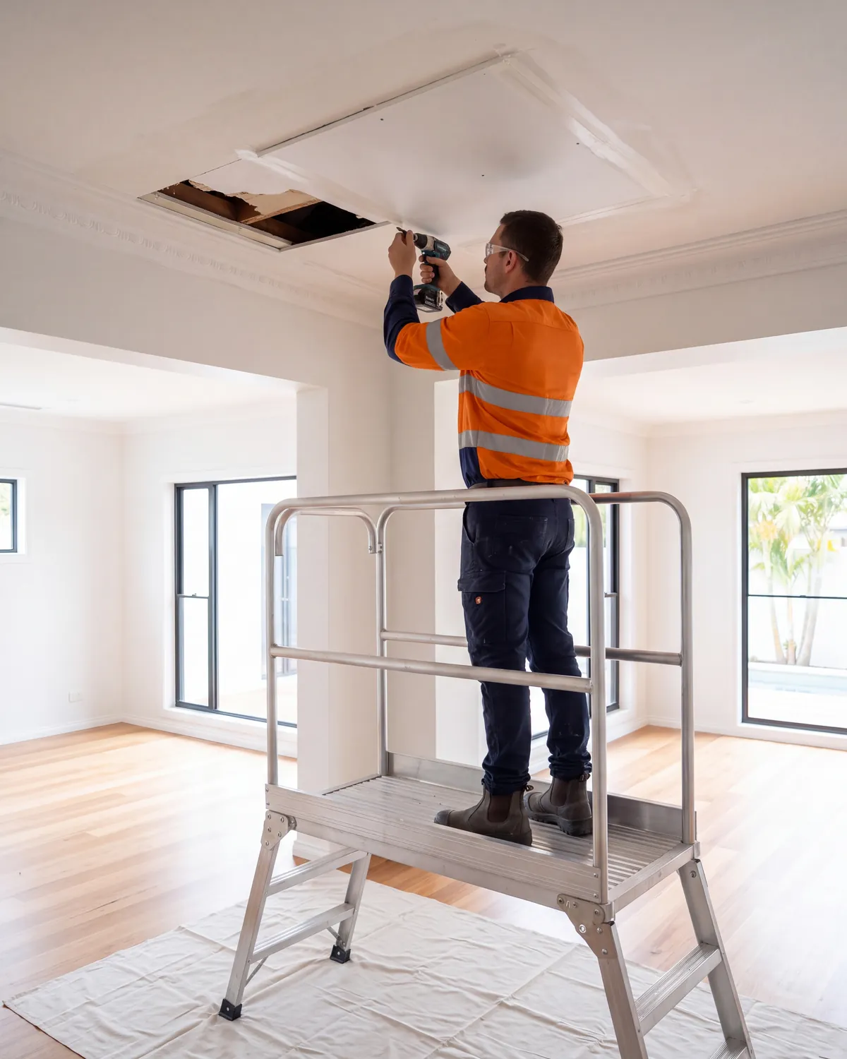Carpenter on a step platform fitting a new plasterboard section into a water-damaged ceiling, with the cornice intact and drop sheets laid below