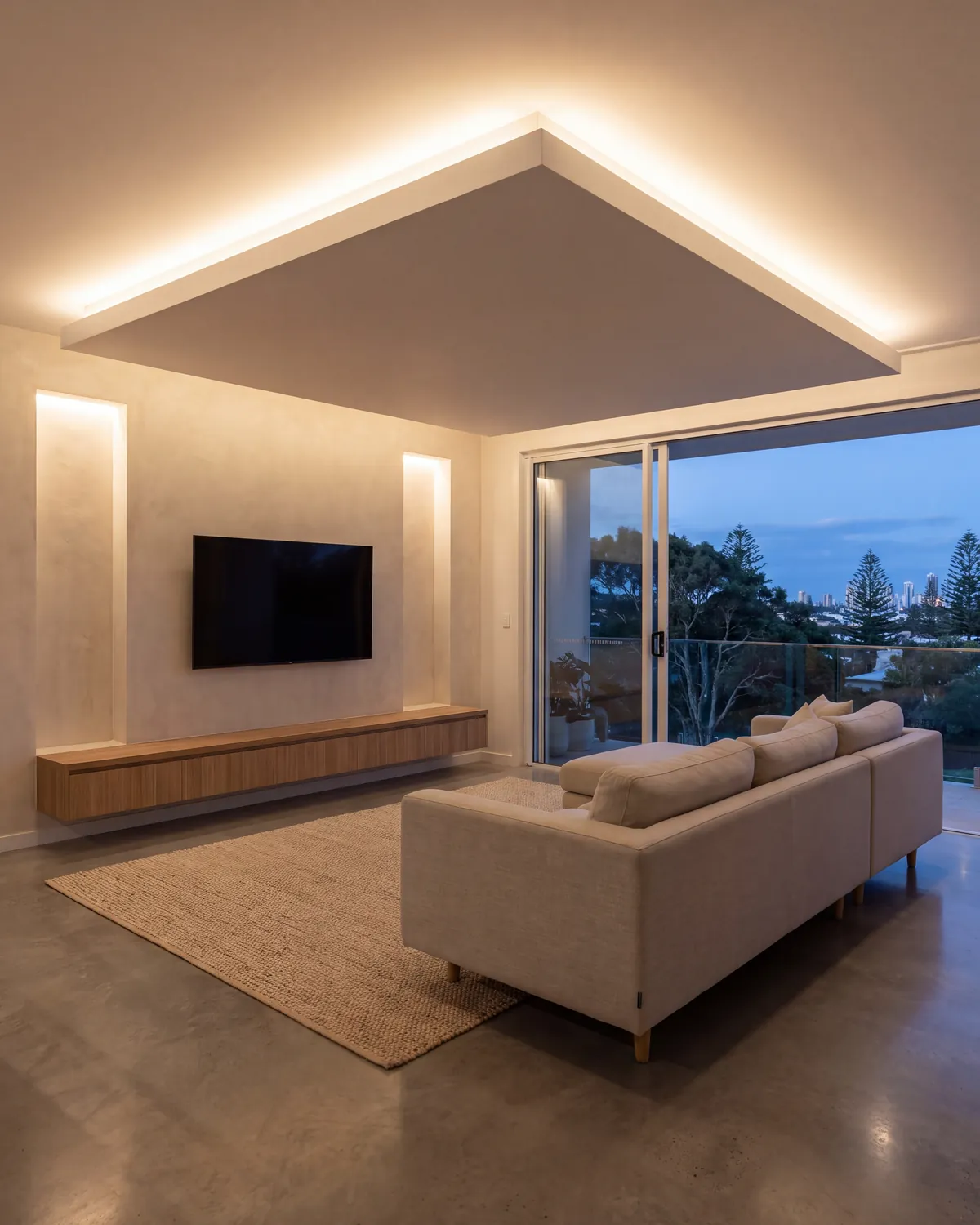 Living room with a plasterboard feature ceiling glowing with hidden LED cove lighting and lit wall niches beside the TV