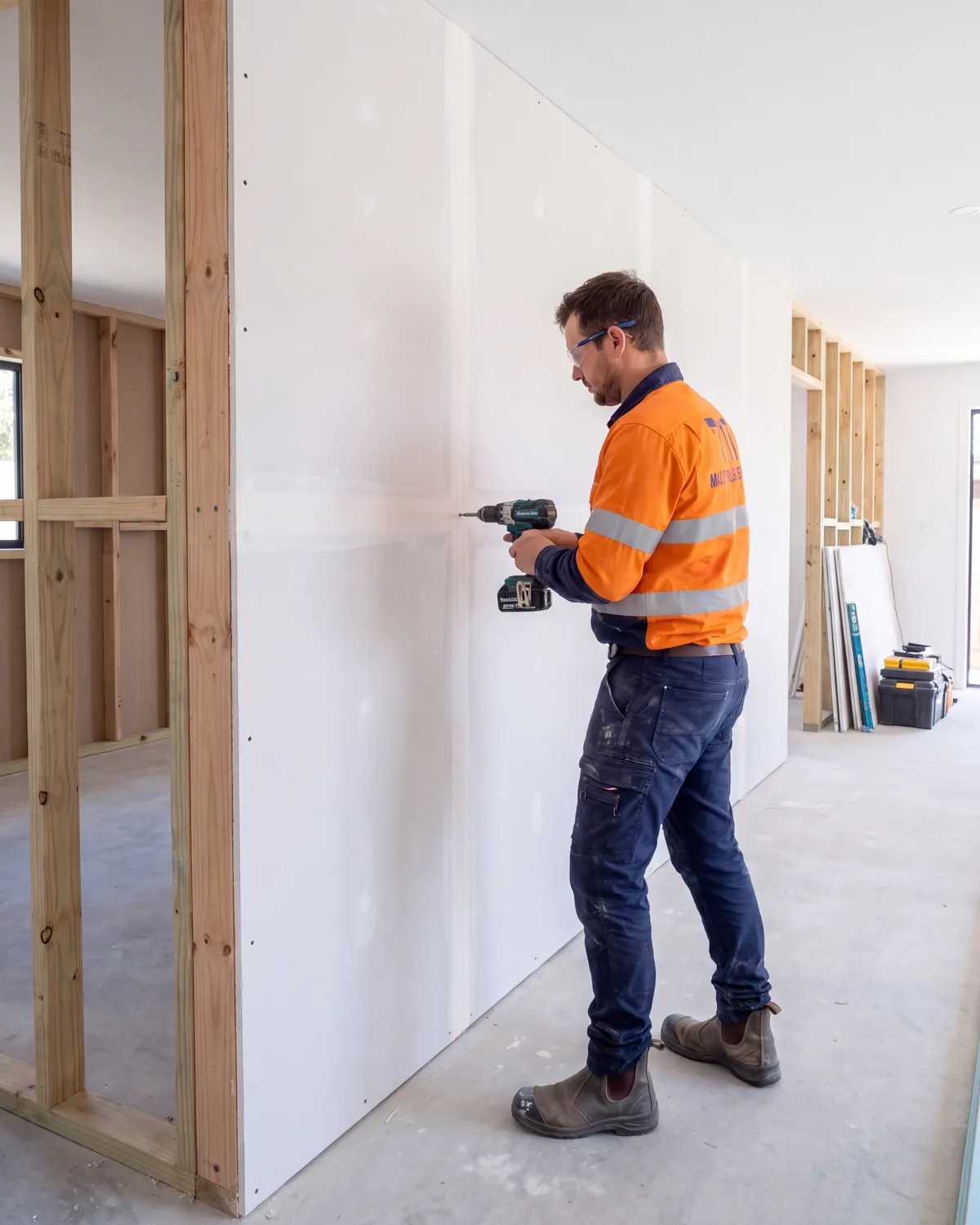 Carpenter in safety glasses using a screw gun to fix fresh plasterboard sheets to a new stud wall, with the joints taped and set